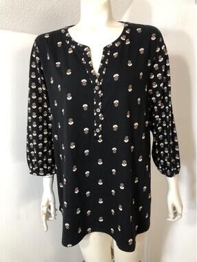 Pure Jill New Womens XL 3/4 Sleeve Popover Top Black Floral Print Cotton Knit